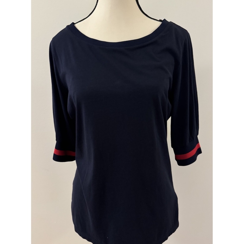 Lauren Ralph Lauren Women M Navy Blue Boat Neck Top Red Stripe 3/4 Sleeve